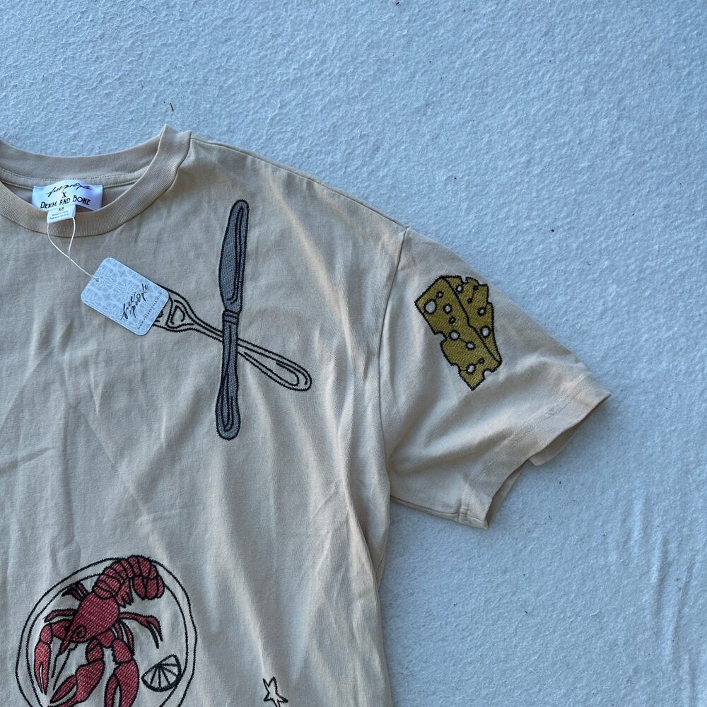 Free People X Denim And Bone Dinner Party Tee Women's XS Green Embroidered - NWT - Picture 2 of 10